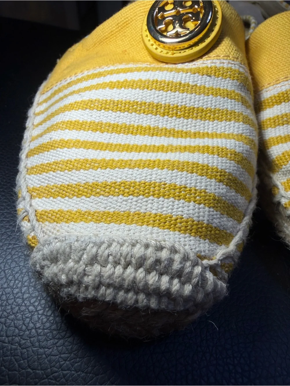 Tory Burch Yellow and White Striped Espadrille Flats with Gold Logo Sz 10 M